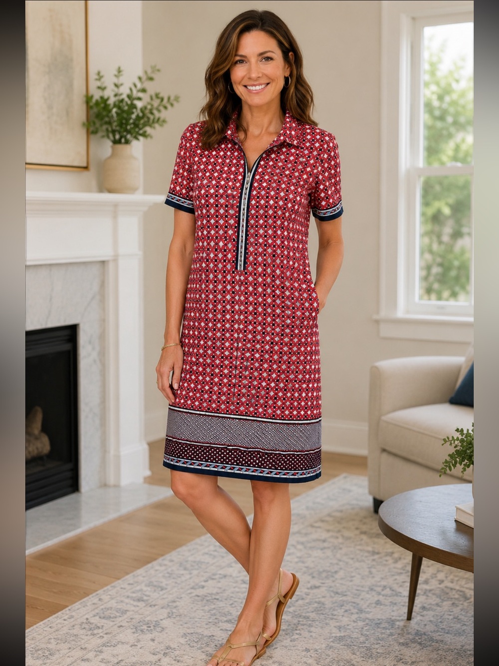 Max Studio Red Geometric shirt small Dress with Navy Trim & short sleeves.